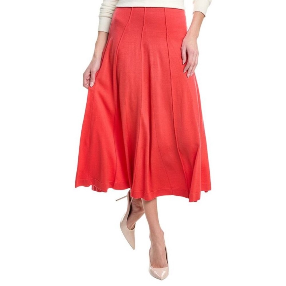 Lafayette 148 New York || Godet Knit Midi Skirt A-Line Wool Red Orange M‎